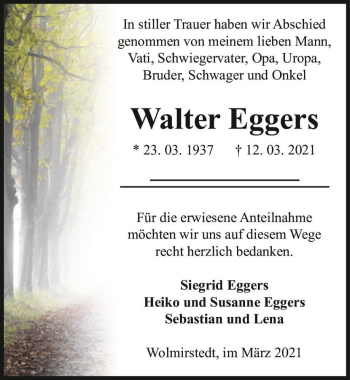 Traueranzeige von Walter Eggers  von Magdeburger Volksstimme