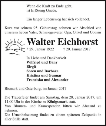 Traueranzeige von Walter Eichhorst  von Magdeburger Volksstimme