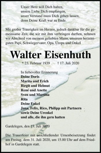 Traueranzeige von Walter Eisenhuth  von Magdeburger Volksstimme