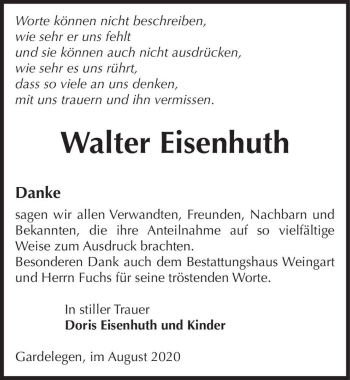 Traueranzeige von Walter Eisenhuth  von Magdeburger Volksstimme