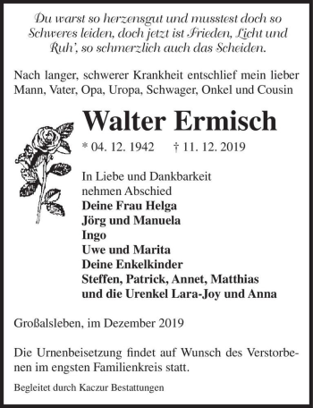 Traueranzeige von Walter Ermisch  von Magdeburger Volksstimme