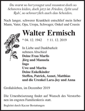 Traueranzeige von Walter Ermisch  von Magdeburger Volksstimme