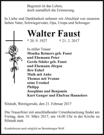 Traueranzeige von Walter Faust  von Magdeburger Volksstimme