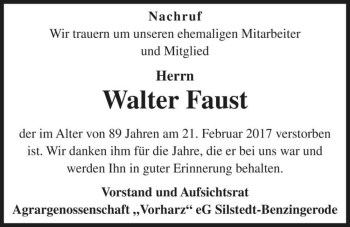Traueranzeige von Walter Faust  von Magdeburger Volksstimme