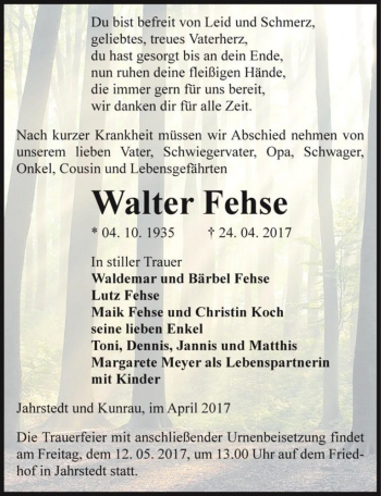 Traueranzeige von Walter Fehse  von Magdeburger Volksstimme