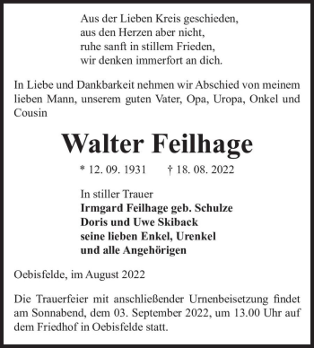 Traueranzeige von Walter Feilhage  von Magdeburger Volksstimme