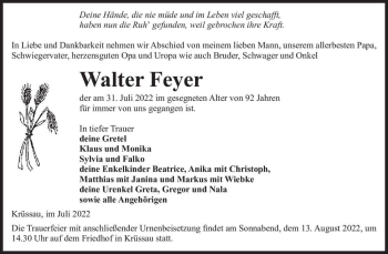 Traueranzeige von Walter Feyer  von Magdeburger Volksstimme