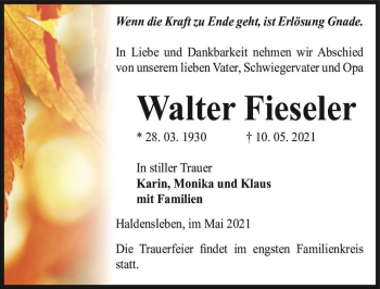 Traueranzeige von Walter Fieseler  von Magdeburger Volksstimme