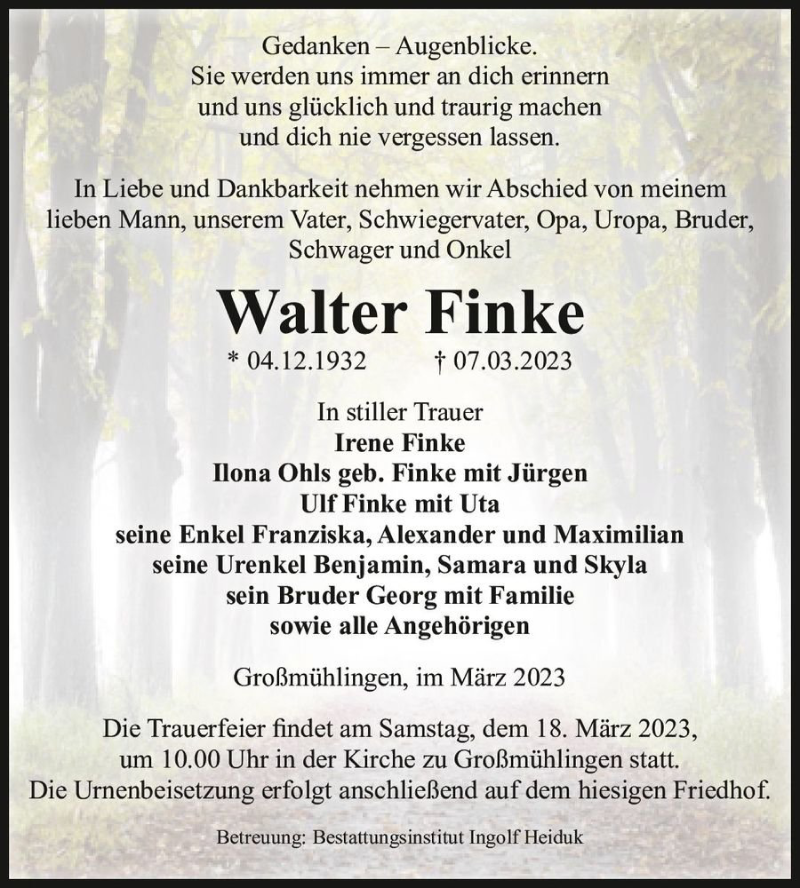  Traueranzeige für Walter Finke  vom 11.03.2023 aus Magdeburger Volksstimme