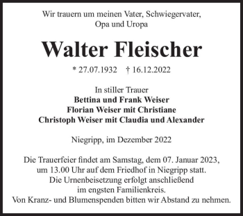 Traueranzeige von Walter Fleischer  von Magdeburger Volksstimme