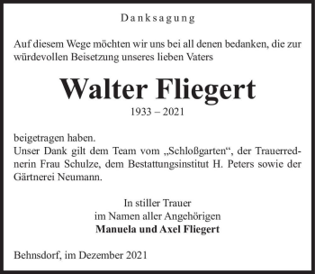 Traueranzeige von Walter Fliegert  von Magdeburger Volksstimme