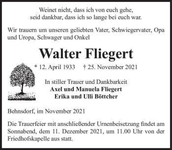 Traueranzeige von Walter Fliegert  von Magdeburger Volksstimme