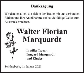 Traueranzeige von Walter Florian Marquardt  von Magdeburger Volksstimme