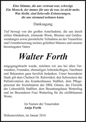 Traueranzeige von Walter Forth  von Magdeburger Volksstimme