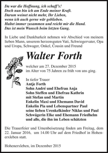 Traueranzeige von Walter Forth  von Magdeburger Volksstimme
