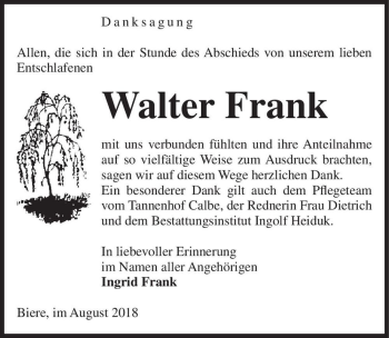 Traueranzeige von Walter Frank  von Magdeburger Volksstimme