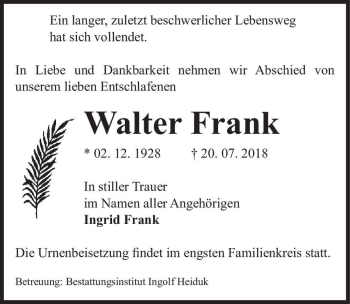 Traueranzeige von Walter Frank  von Magdeburger Volksstimme