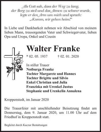 Traueranzeige von Walter Franke  von Magdeburger Volksstimme