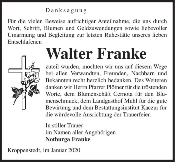 Traueranzeige von Walter Franke  von Magdeburger Volksstimme