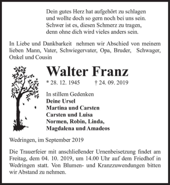 Traueranzeige von Walter Franz  von Magdeburger Volksstimme