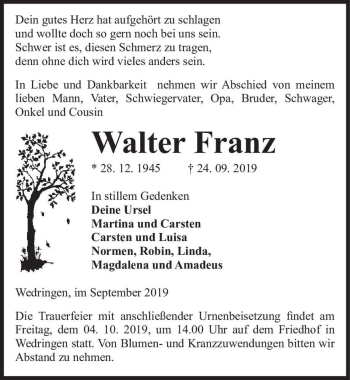 Traueranzeige von Walter Franz  von Magdeburger Volksstimme