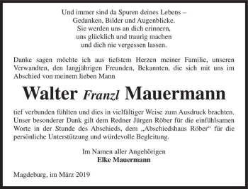 Traueranzeige von Walter Franzl Mauermann  von Magdeburger Volksstimme