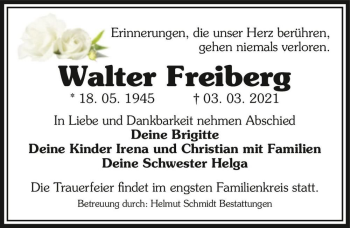 Traueranzeige von Walter Freiberg  von Magdeburger Volksstimme