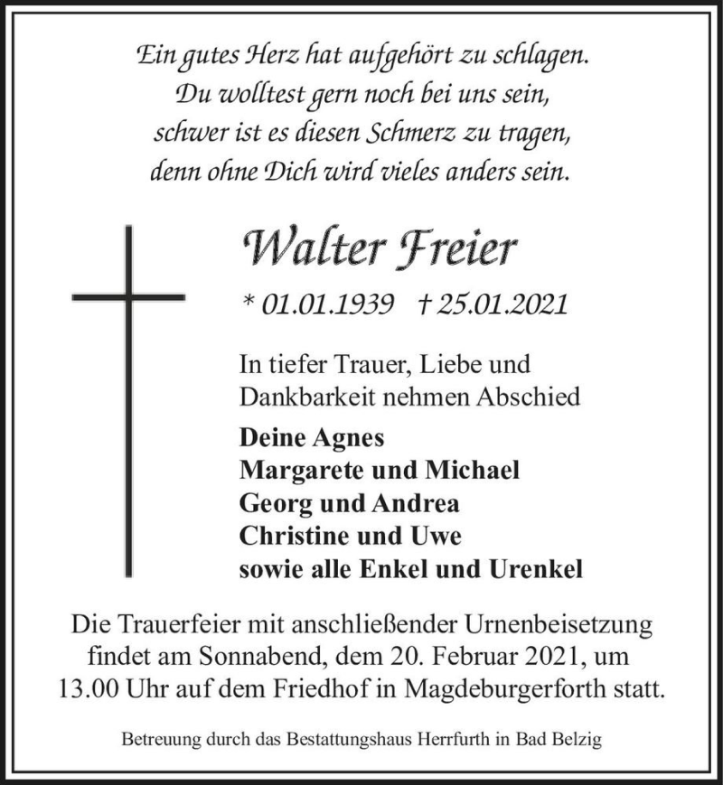  Traueranzeige für Walter Freier  vom 13.02.2021 aus Magdeburger Volksstimme