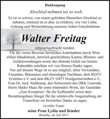 Traueranzeige von Walter Freitag  von Magdeburger Volksstimme