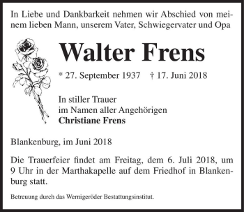 Traueranzeige von Walter Frens  von Magdeburger Volksstimme
