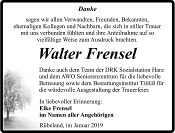 Traueranzeige von Walter Frensel  von Magdeburger Volksstimme