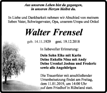 Traueranzeige von Walter Frensel  von Magdeburger Volksstimme