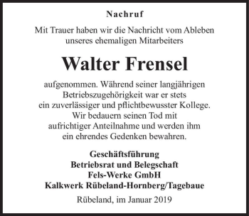 Traueranzeige von Walter Frensel  von Magdeburger Volksstimme