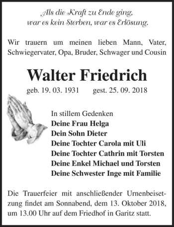 Traueranzeige von Walter Friedrich  von Magdeburger Volksstimme