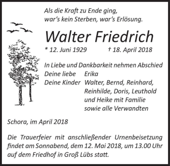 Traueranzeige von Walter Friedrich  von Magdeburger Volksstimme