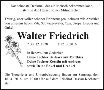Traueranzeige von Walter Friedrich  von Magdeburger Volksstimme