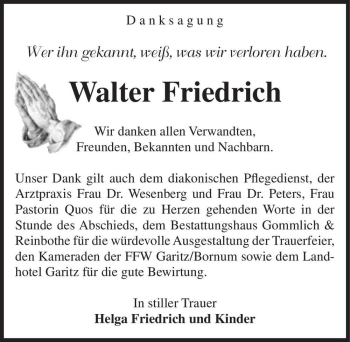 Traueranzeige von Walter Friedrich  von Magdeburger Volksstimme