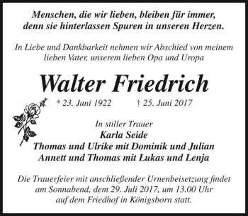 Traueranzeige von Walter Friedrich  von Magdeburger Volksstimme