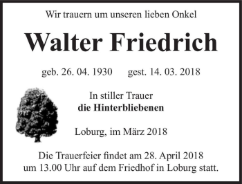 Traueranzeige von Walter Friedrich  von Magdeburger Volksstimme