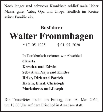Traueranzeige von Walter Frommhagen  von Magdeburger Volksstimme