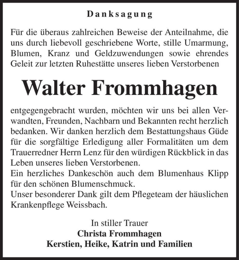  Traueranzeige für Walter Frommhagen  vom 22.05.2020 aus Magdeburger Volksstimme