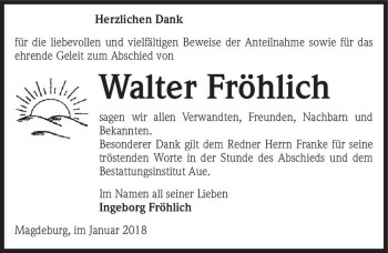 Traueranzeige von Walter Fröhlich  von Magdeburger Volksstimme