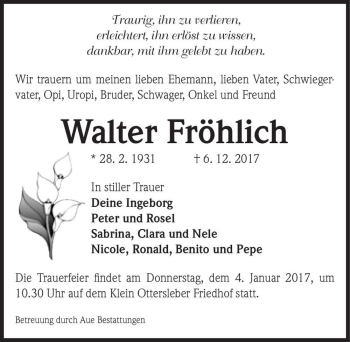 Traueranzeige von Walter Fröhlich  von Magdeburger Volksstimme