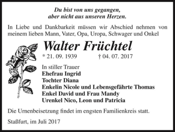 Traueranzeige von Walter Früchtel  von Magdeburger Volksstimme