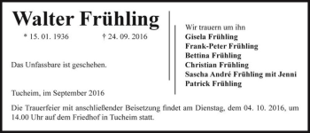 Traueranzeige von Walter Frühling  von Magdeburger Volksstimme