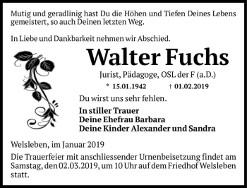 Traueranzeige von Walter Fuchs  von Magdeburger Volksstimme