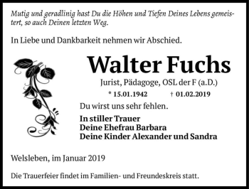 Traueranzeige von Walter Fuchs  von Magdeburger Volksstimme