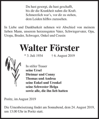 Traueranzeige von Walter Förster  von Magdeburger Volksstimme