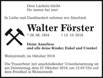 Traueranzeige von Walter Förster  von Magdeburger Volksstimme
