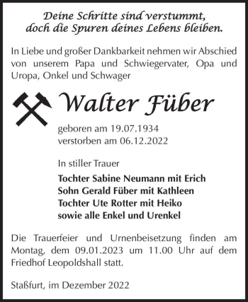 Traueranzeige von Walter Füber  von Magdeburger Volksstimme